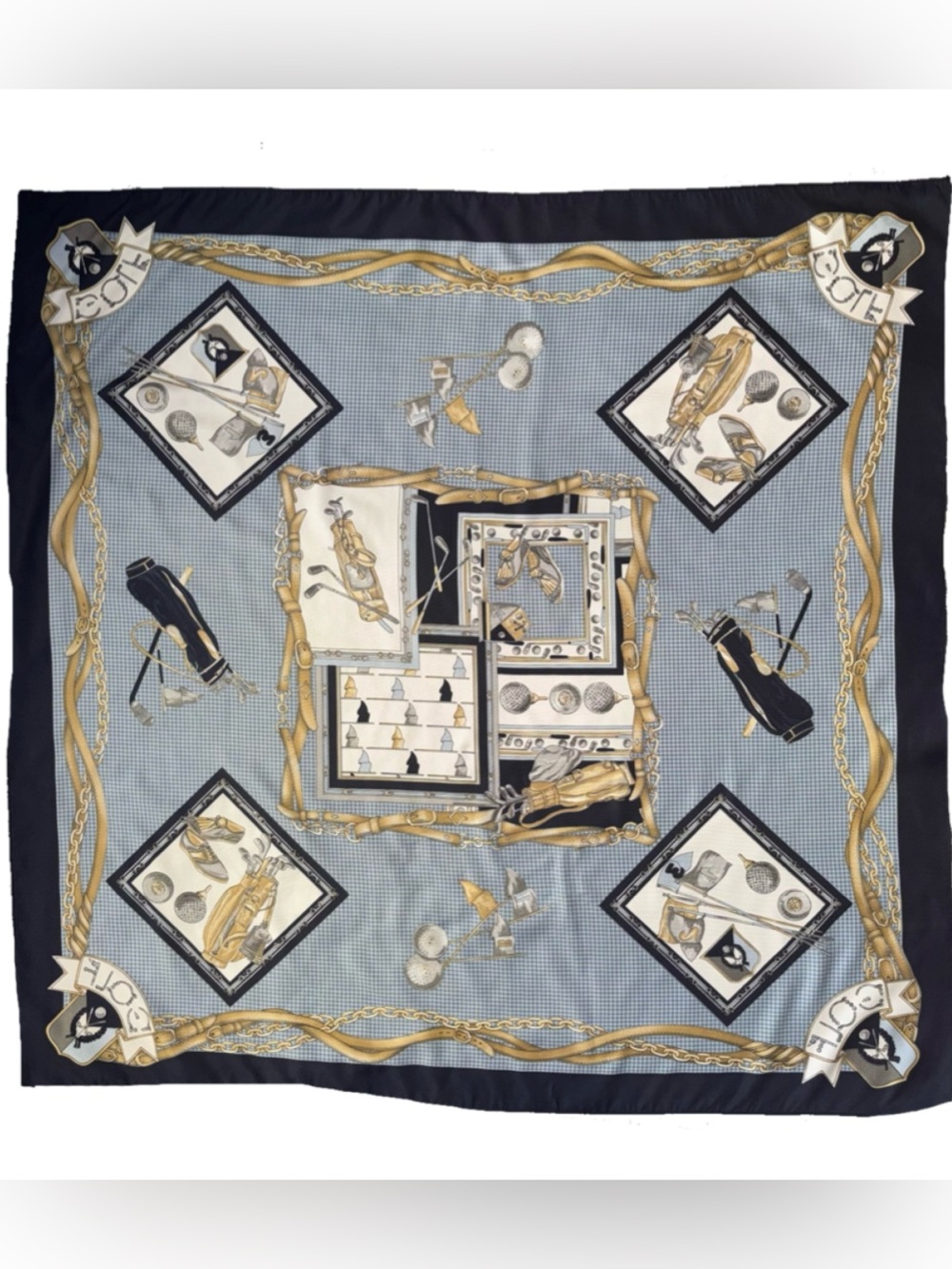 Vintage Classic Golf-Themed Silk/Silk Blend Scarf in Blue and Gold 34.5”x 34.5”